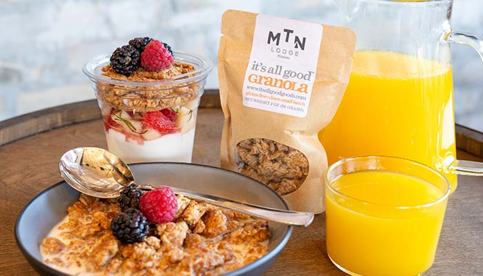 Morning menu items at Basecamp Provisions in Ridgway, CO at The Million Roadhouse includes yogurt parfait, granola and fresh squeezed orange juice