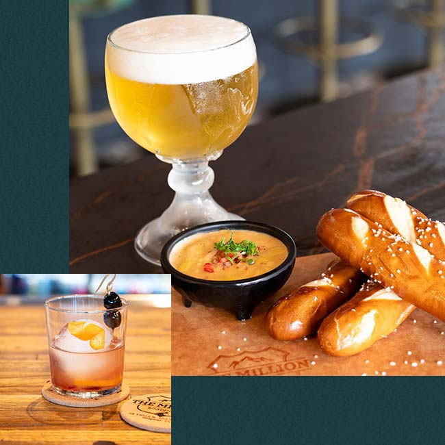 Bavarian dunking pretzels and beer cheese dipping sauce and whiskey cocktail served at The Million Roadhouse event venue and banquet hall in Ridgway, Colorado